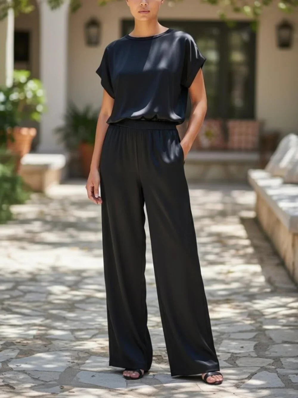Italian Wide-Leg Pants & Top Set | Black | Minimalist Luxe - Picture 2 of 9